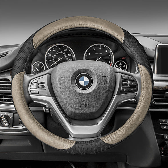 FH Group Beige Black Perforated Genuine Leather Steering Wheel Cover