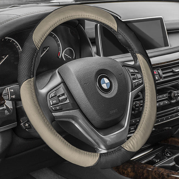 Perforated Genuine Leather Steering Wheel Cover Beige / Black