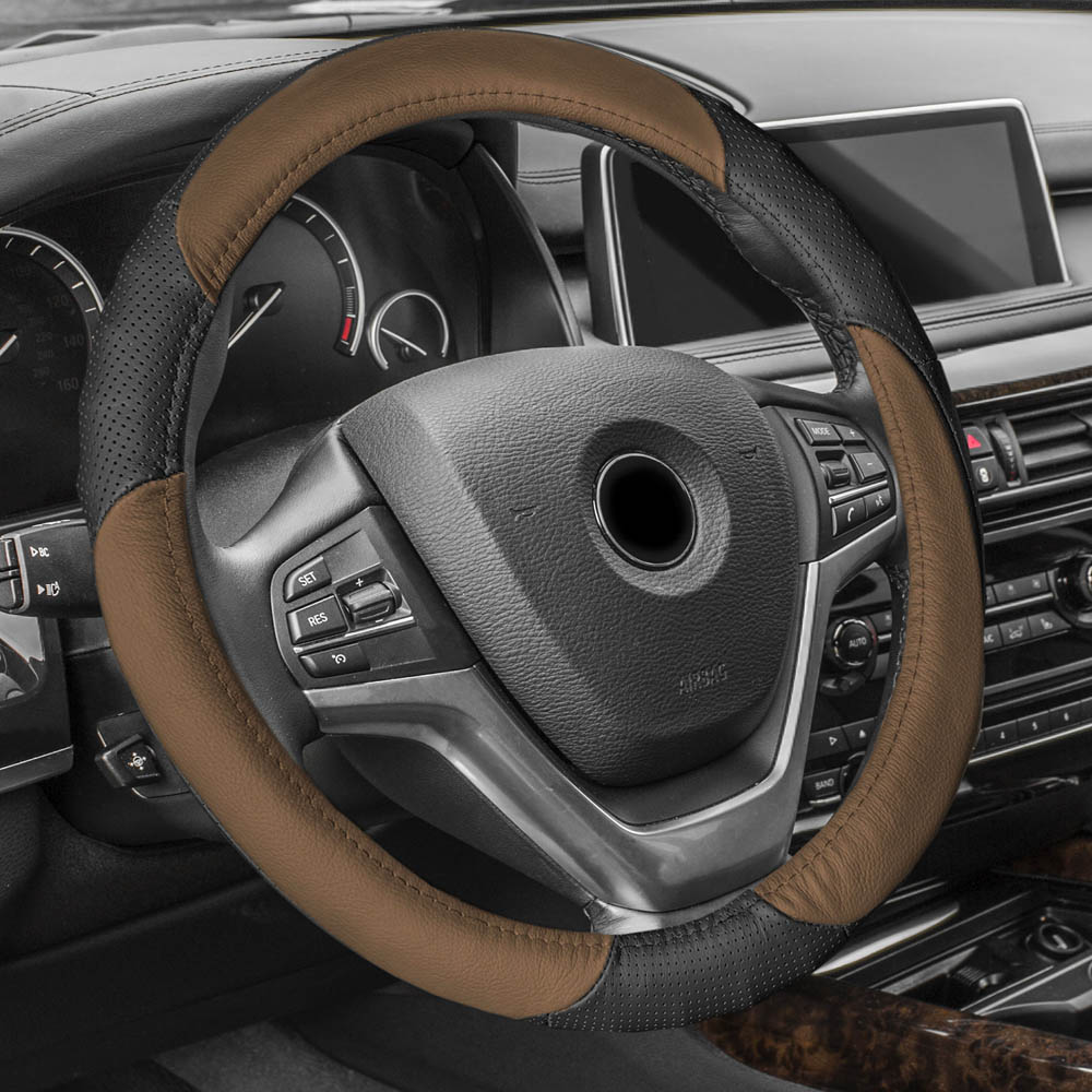 Perforated Genuine Leather Steering Wheel Cover Brown