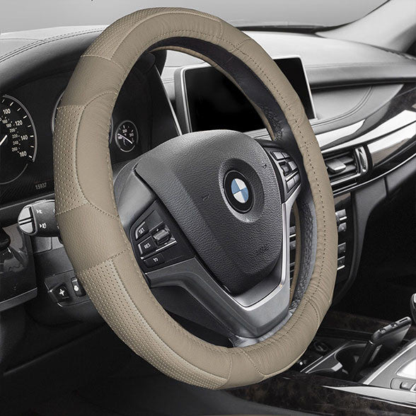 Deluxe Full Grain Authentic Leather Steering Wheel Cover Beige