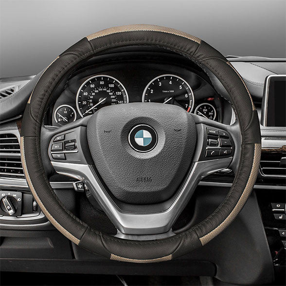 Deluxe Full Grain Authentic Leather Steering Wheel Cover Beige / Black