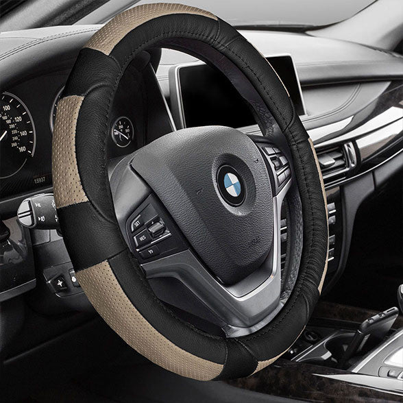 Deluxe Full Grain Authentic Leather Steering Wheel Cover Beige / Black