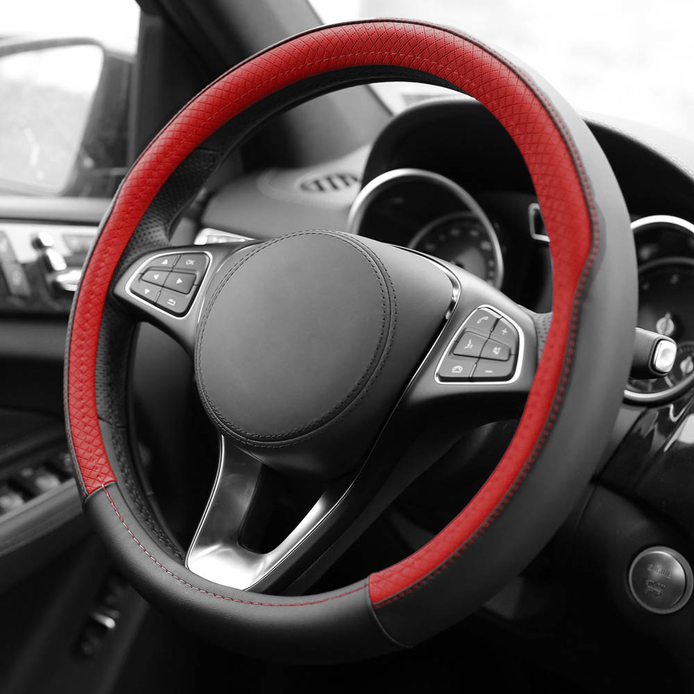 Geometric Chic Microfiber Leather Steering Wheel Cover Red