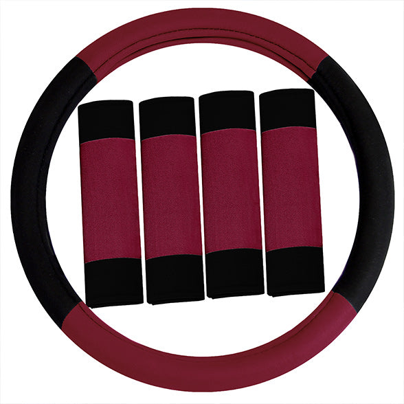 Modernistic Steering Wheel Cover and Seat Belt Pads Burgundy