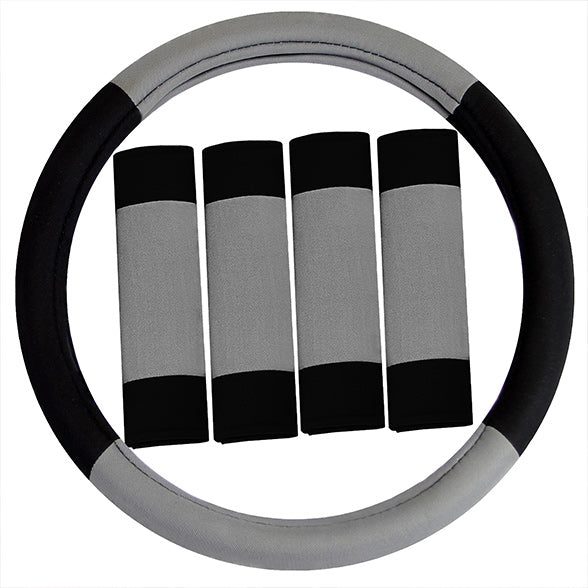Modernistic Steering Wheel Cover and Seat Belt Pads Gray