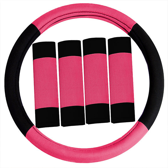 Modernistic Steering Wheel Cover and Seat Belt Pads Pink