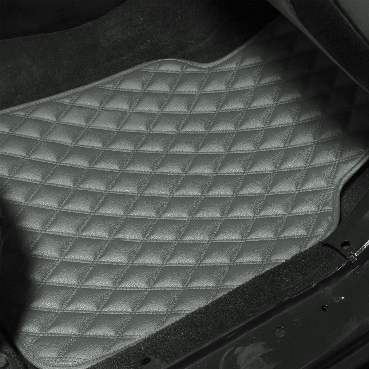 Luxury Universal Liners Heavy Duty Faux Leather Non-Slip Floor Mats Diamond Design - Full Set Gray
