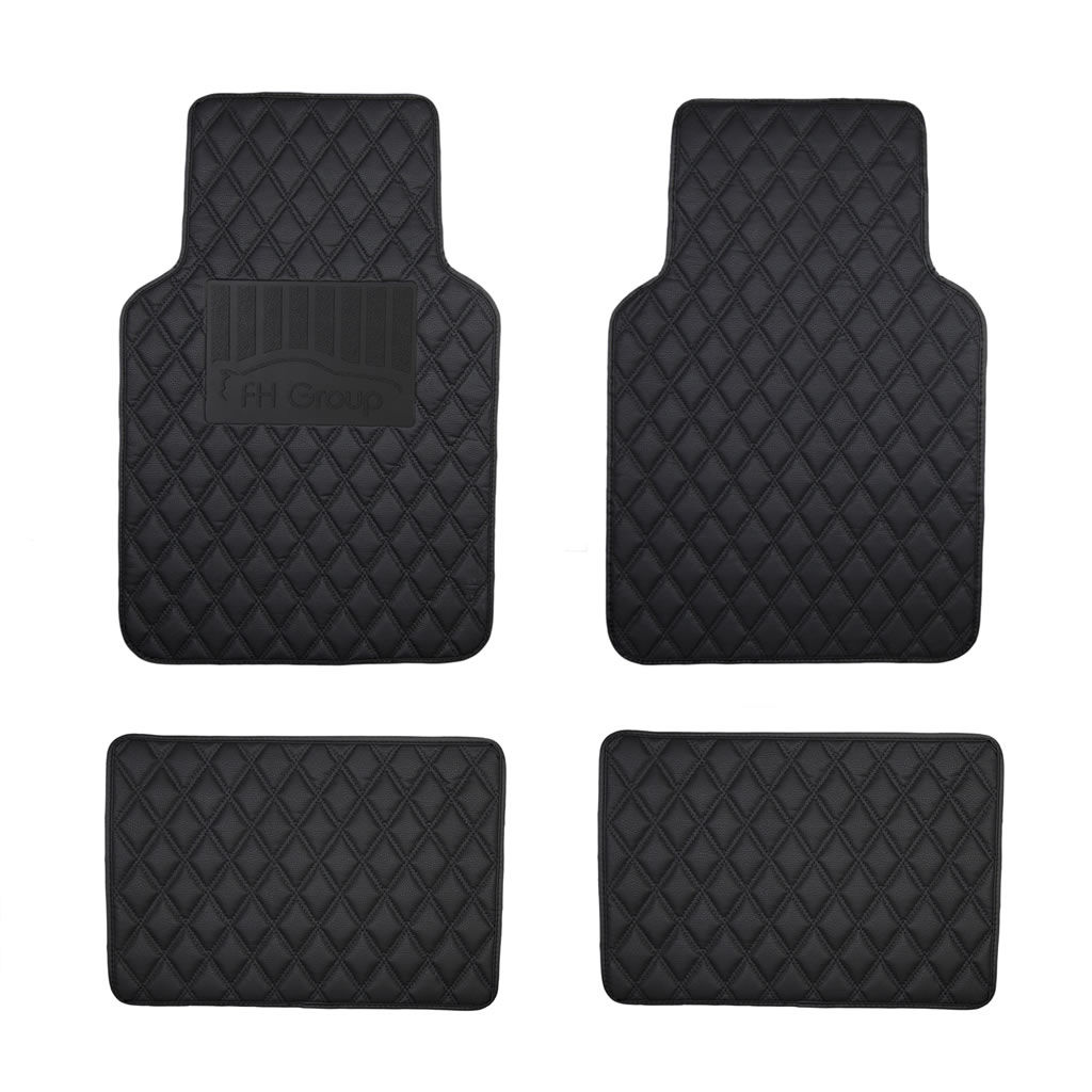 Luxury Universal Liners Heavy Duty Faux Leather Non-Slip Floor Mats Diamond Design - Full Set Black