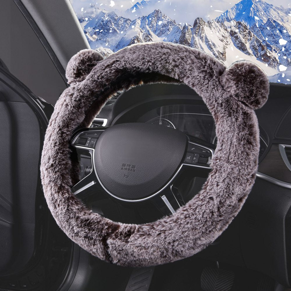 Faux Rabbit Fur Koala Bear Steering Wheel Cover Black