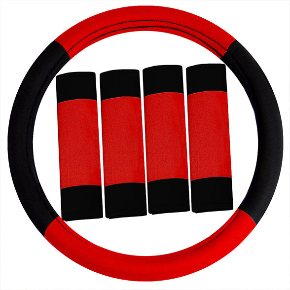 Modernistic Steering Wheel Cover and Seat Belt Pads Red