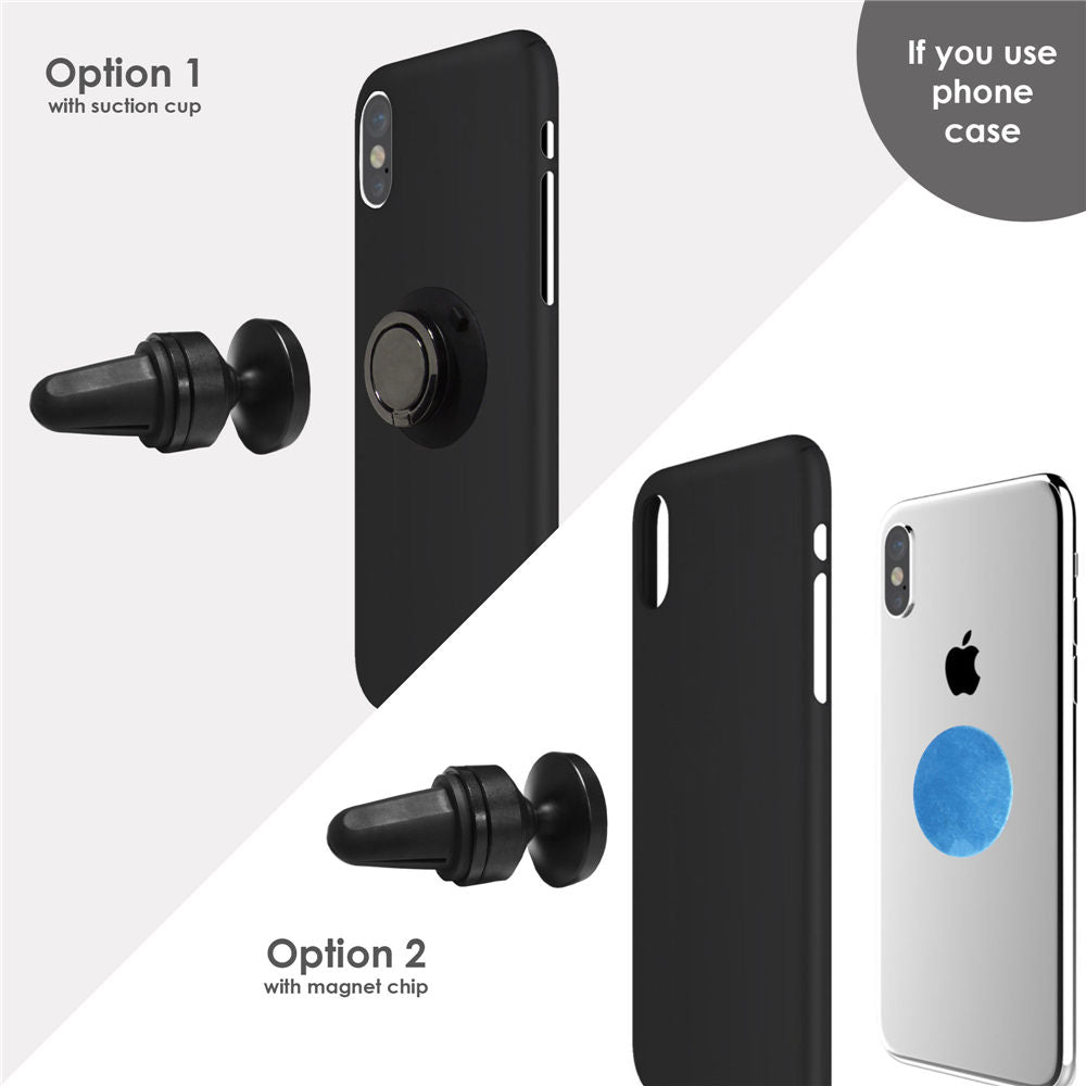 Air Vent Magnetic Phone Car Mount + Suction Cup Ring Holder Black