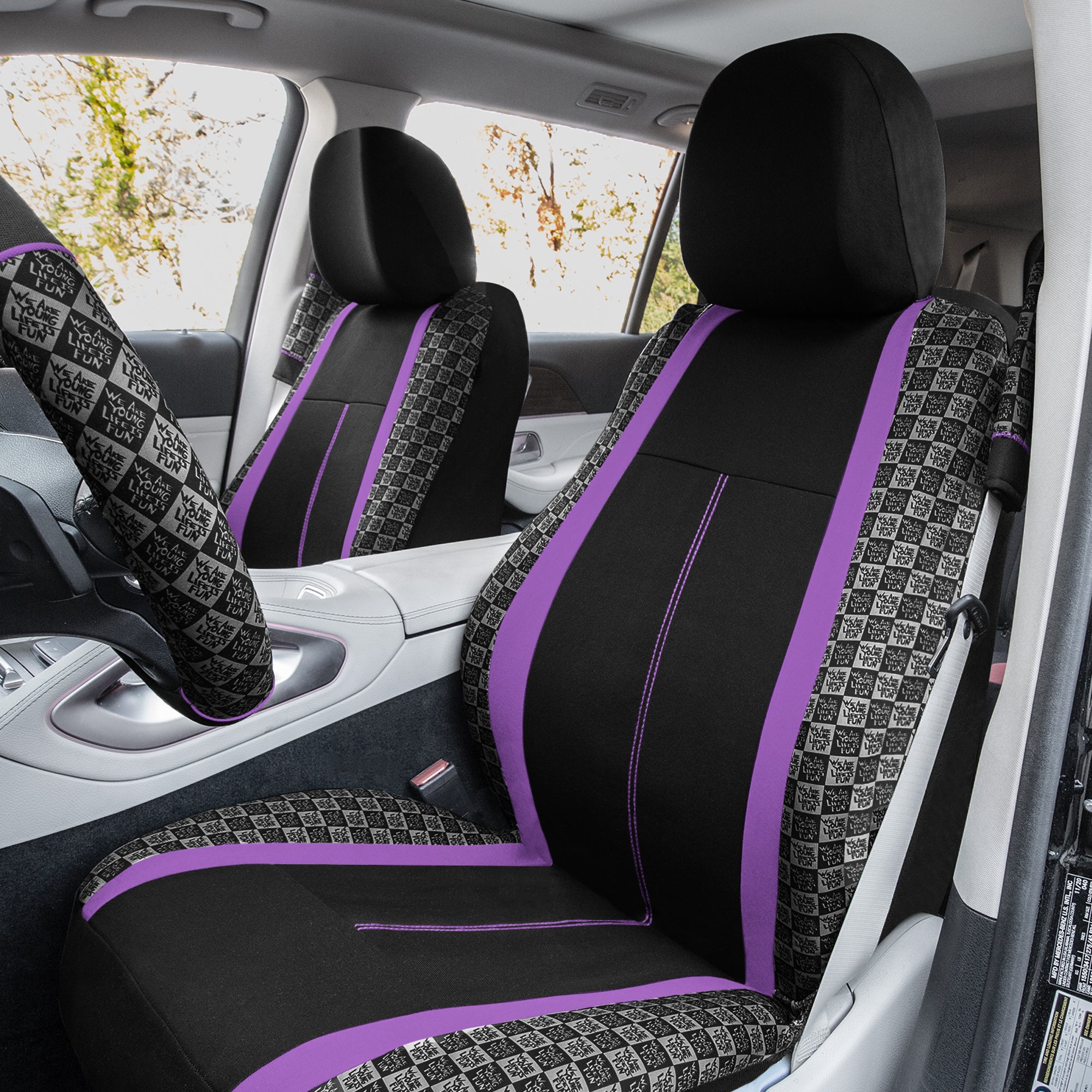 We Are Young Life is Fun Checker Printed Seat Covers - Combo Full Set Purple