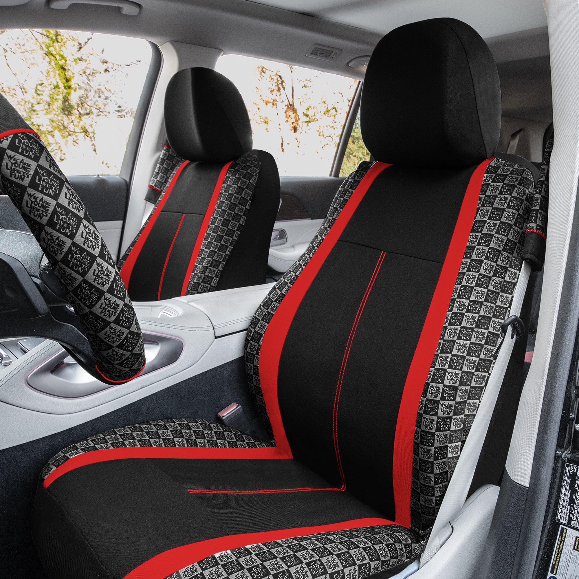 We Are Young Life is Fun Checker Printed Seat Covers, Floor Mats, and Steering Wheel Cover - Red Combo Full Set