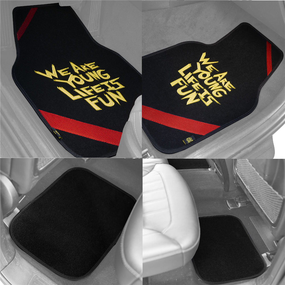 We Are Young Life Is Fun Non-Slip Carpet Floor Mats - Full Set Black Red Trim