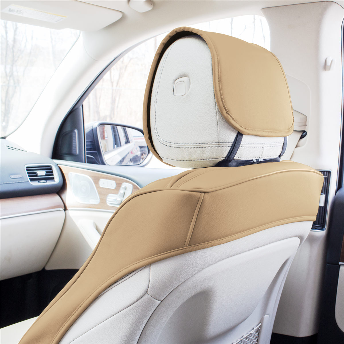 Grande70 Luxe Faux Leather Car Seat Covers with Sleek Pattern - Front Set Beige