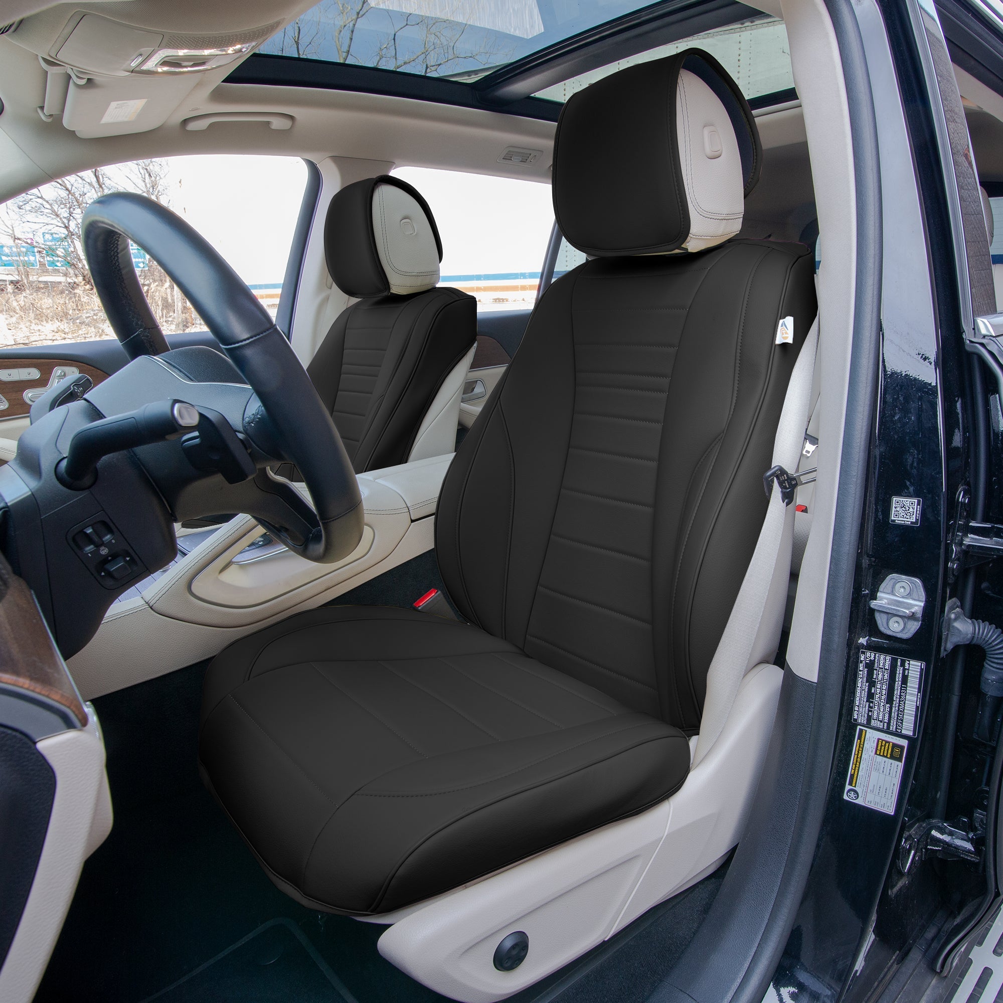 Grande70 Luxe Faux Leather Car Seat Covers with Sleek Pattern - Front Set Black