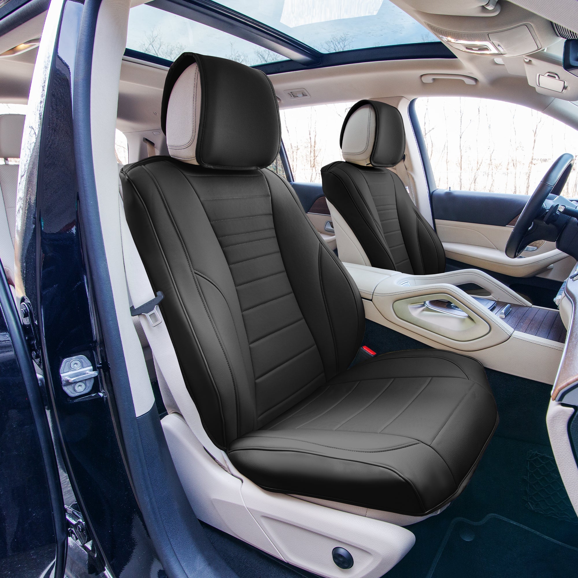 Grande70 Luxe Faux Leather Car Seat Covers with Sleek Pattern - Front Set Black