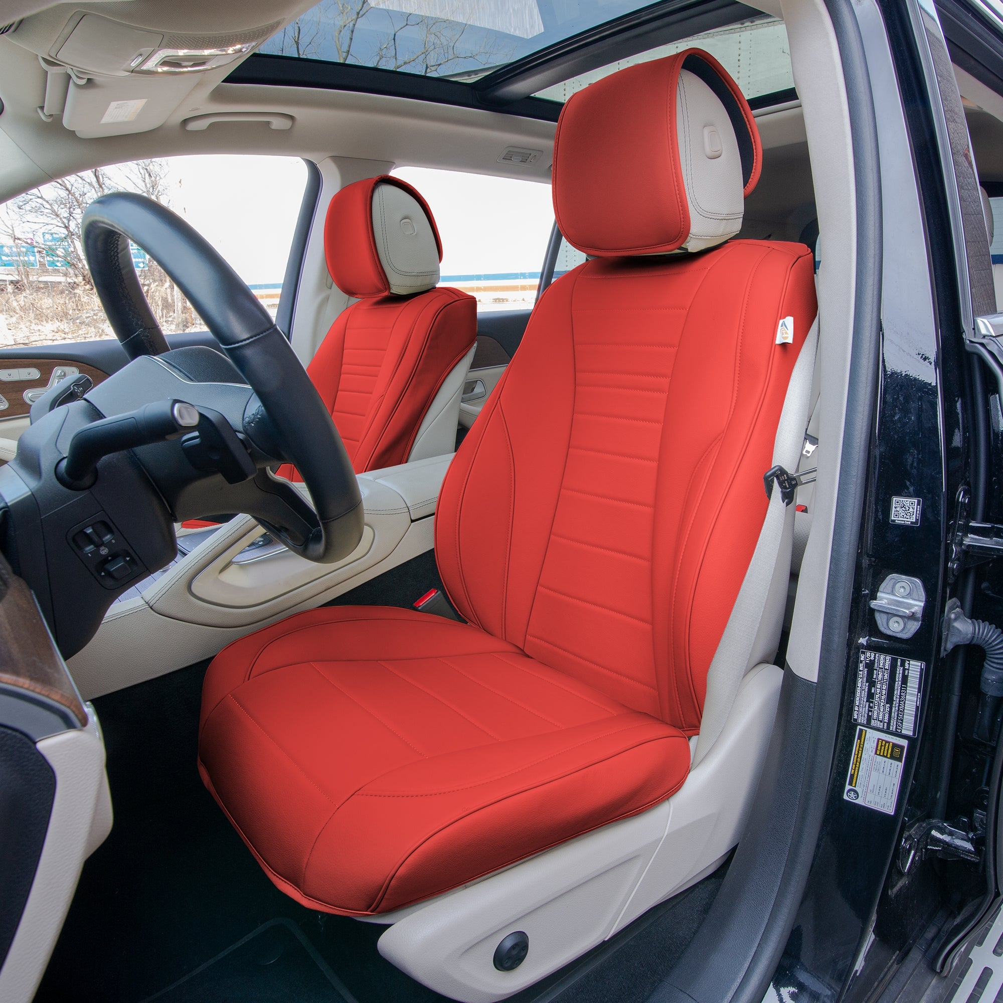 Grande70 Luxe Faux Leather Car Seat Covers with Sleek Pattern - Front Set Red