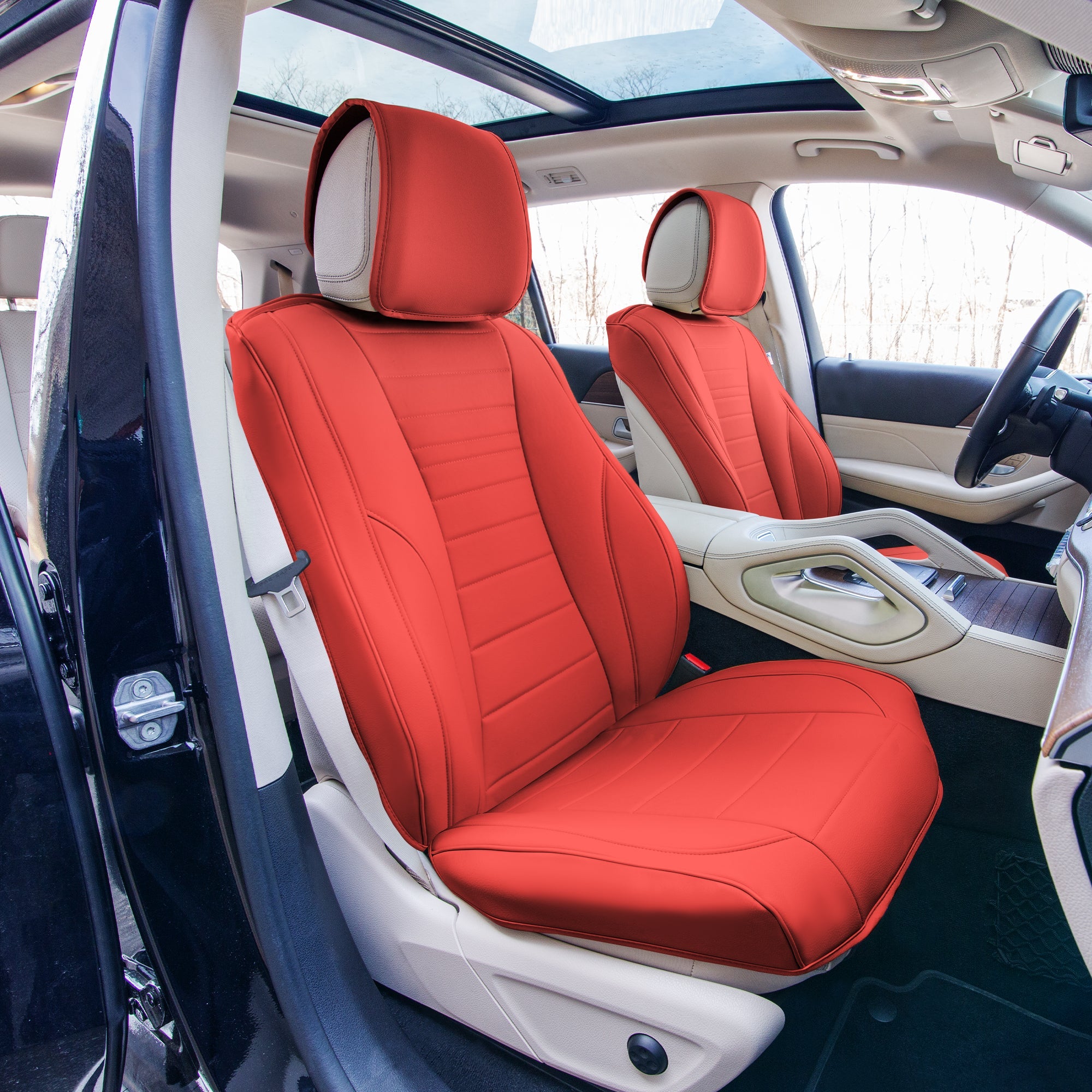 Grande70 Luxe Faux Leather Car Seat Covers with Sleek Pattern - Front Set Red