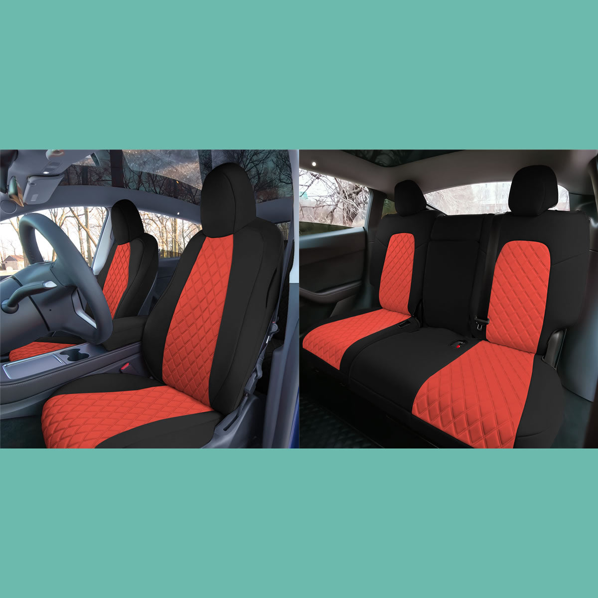 Tesla Model Y 2020-2024 - Full Set Seat Covers - Red/Black Ultraflex Neoprene