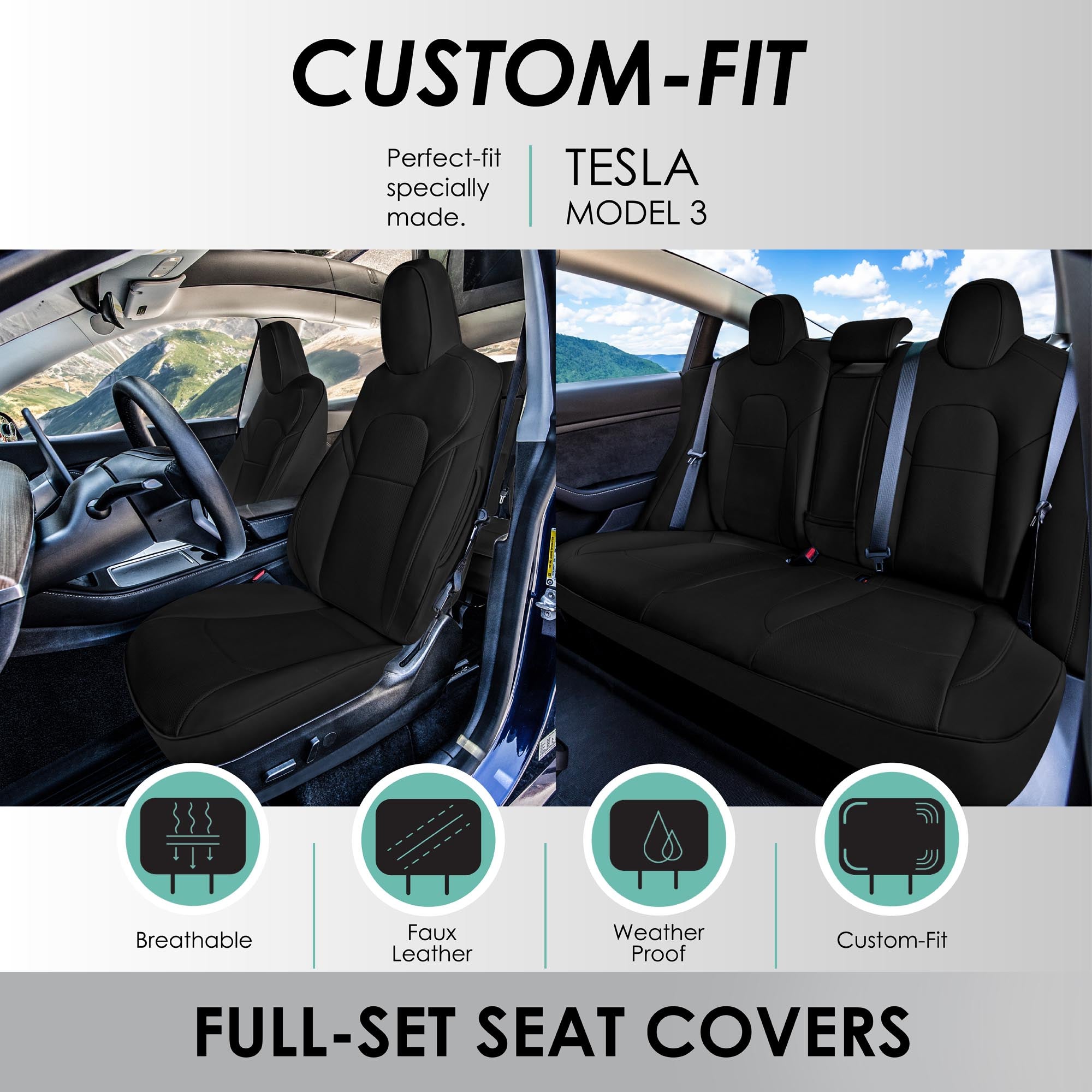Tesla Model 3 2017 - 2023  - Full Set - Black Faux Leather