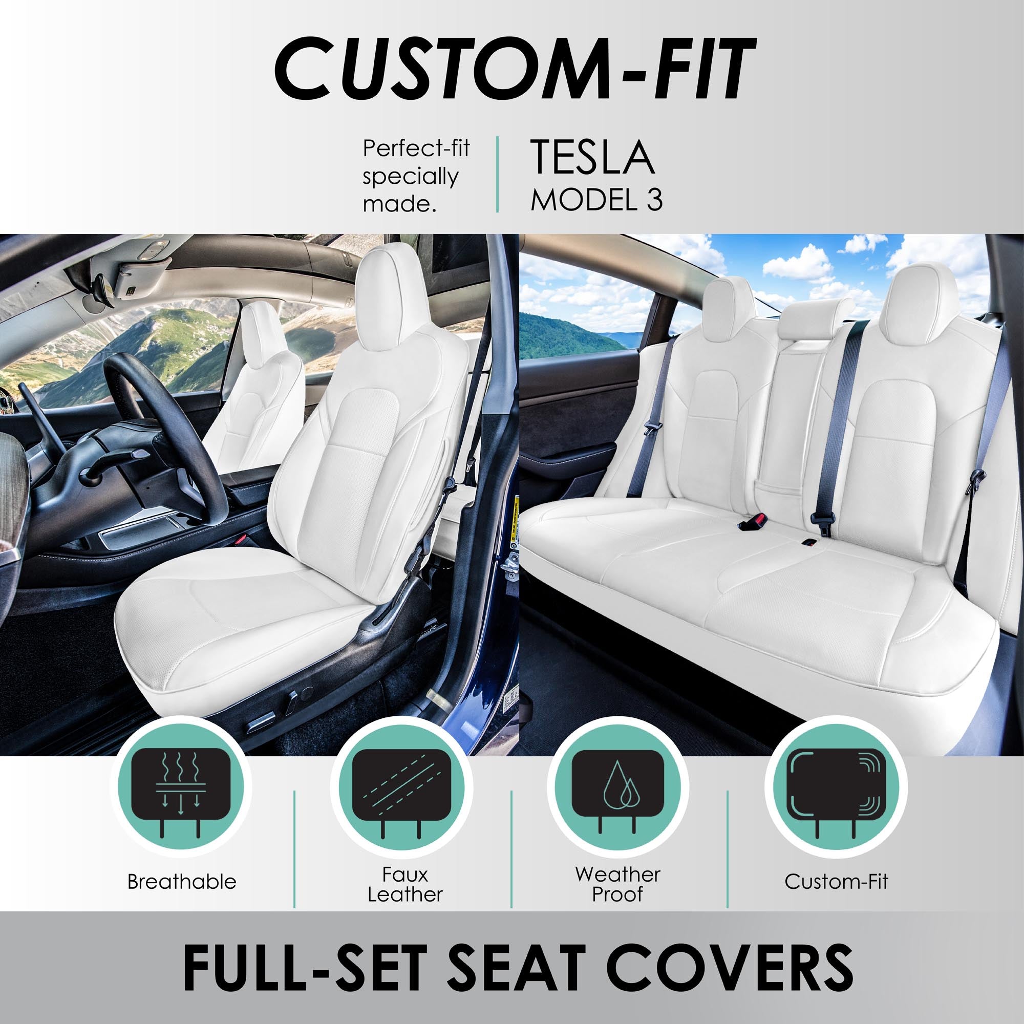 Tesla Model 3 2017 - 2023  - Full Set - White Faux Leather