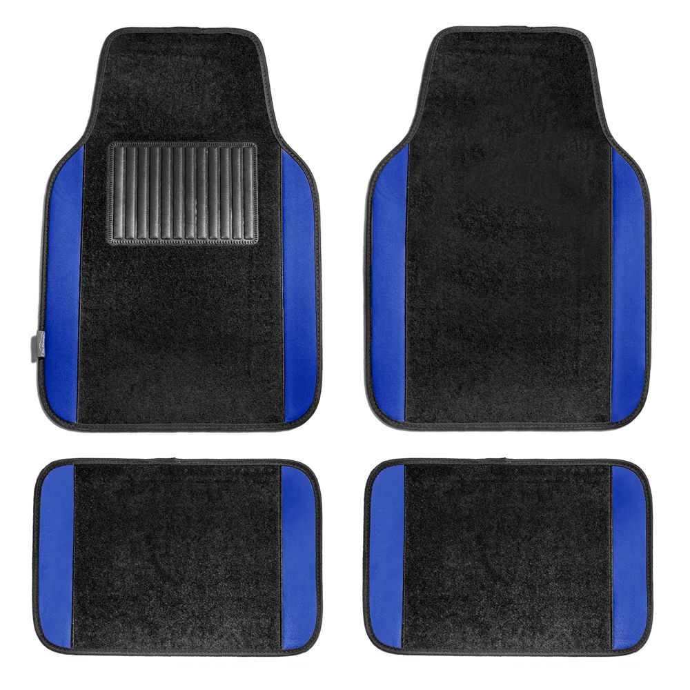 Non-Slip Carpet Floor Mats With Colored Trim - Full Set Blue