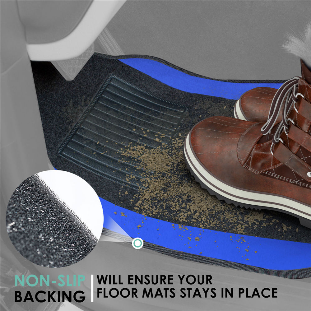 Non-Slip Carpet Floor Mats With Colored Trim - Full Set Blue