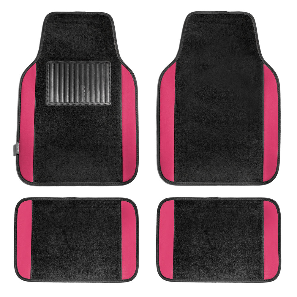 Non-Slip Carpet Floor Mats With Colored Trim - Full Set Pink