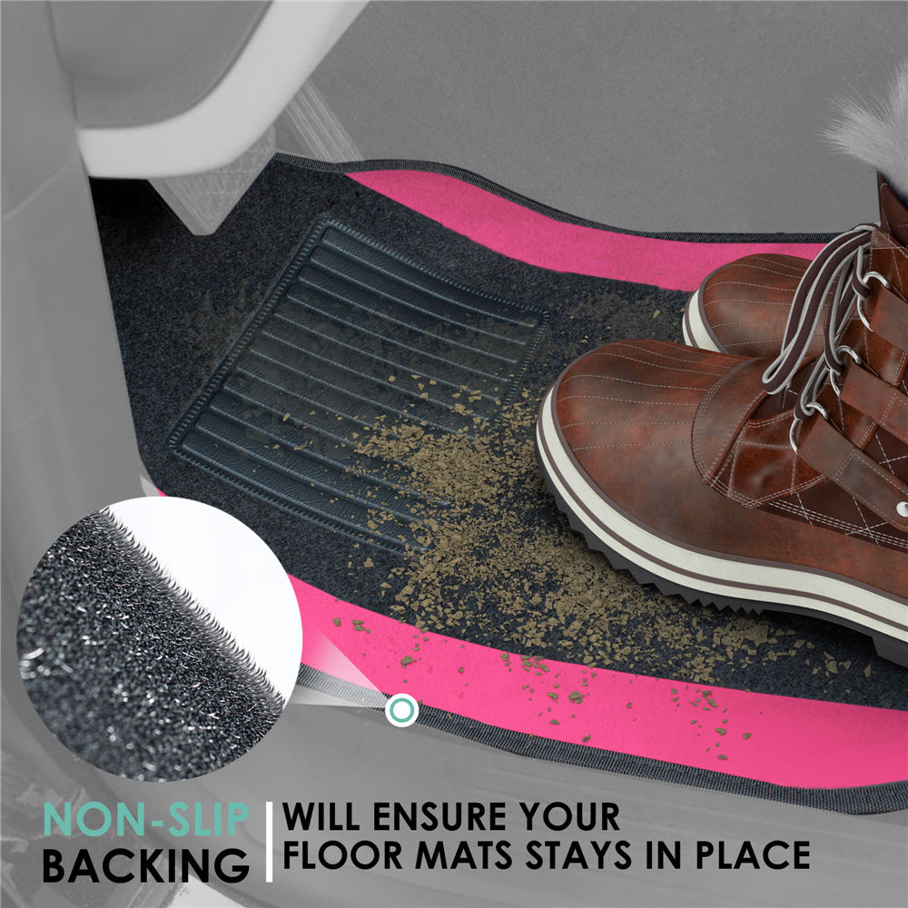 Non-Slip Carpet Floor Mats With Colored Trim - Full Set Pink