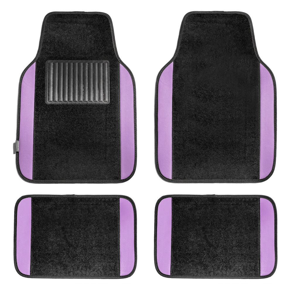 Non-Slip Carpet Floor Mats With Colored Trim - Full Set Purple