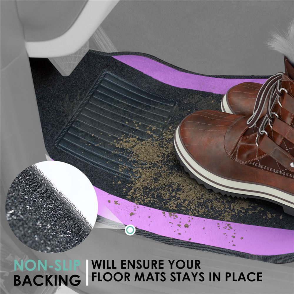 Non-Slip Carpet Floor Mats With Colored Trim - Full Set Purple
