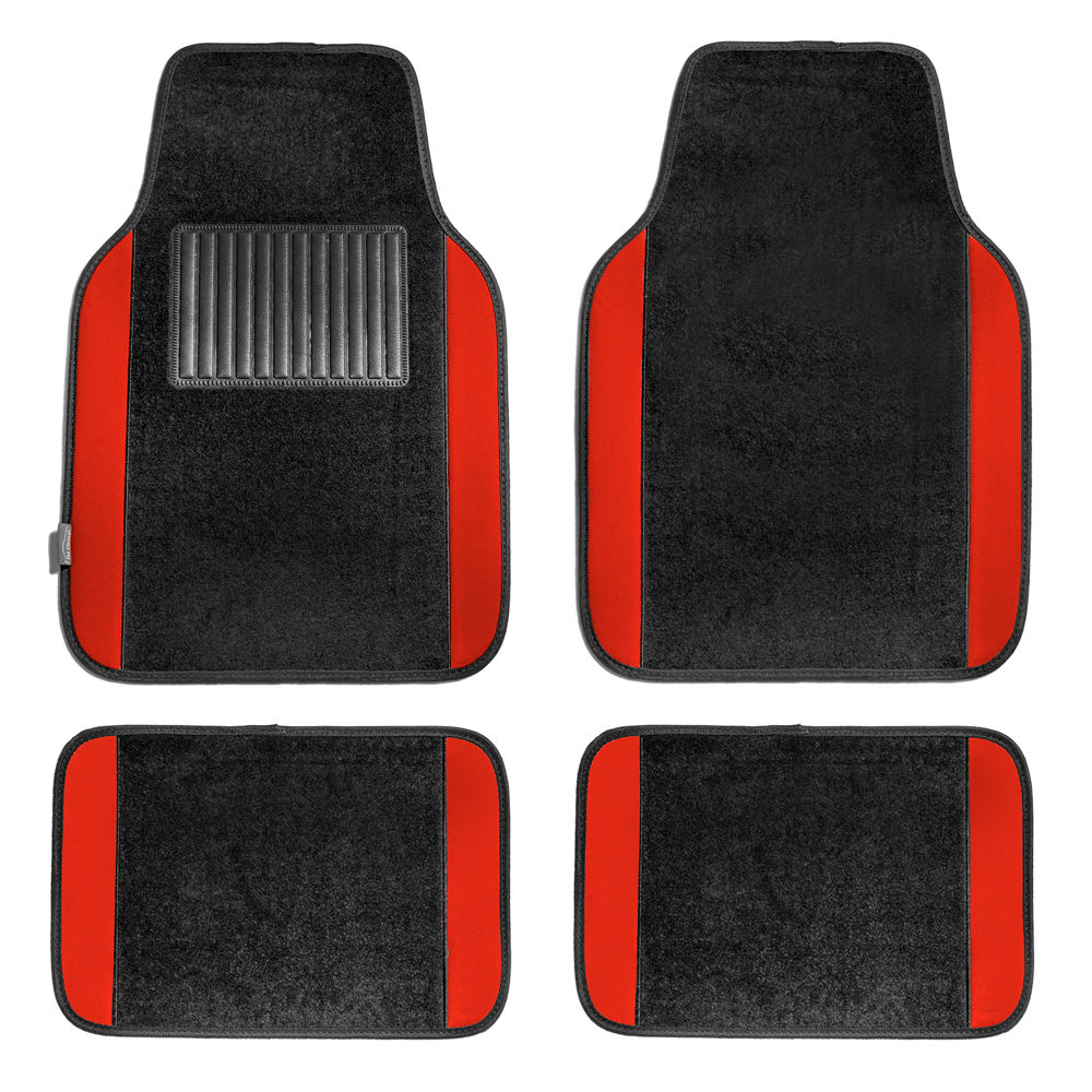 Non-Slip Carpet Floor Mats With Colored Trim - Full Set Red
