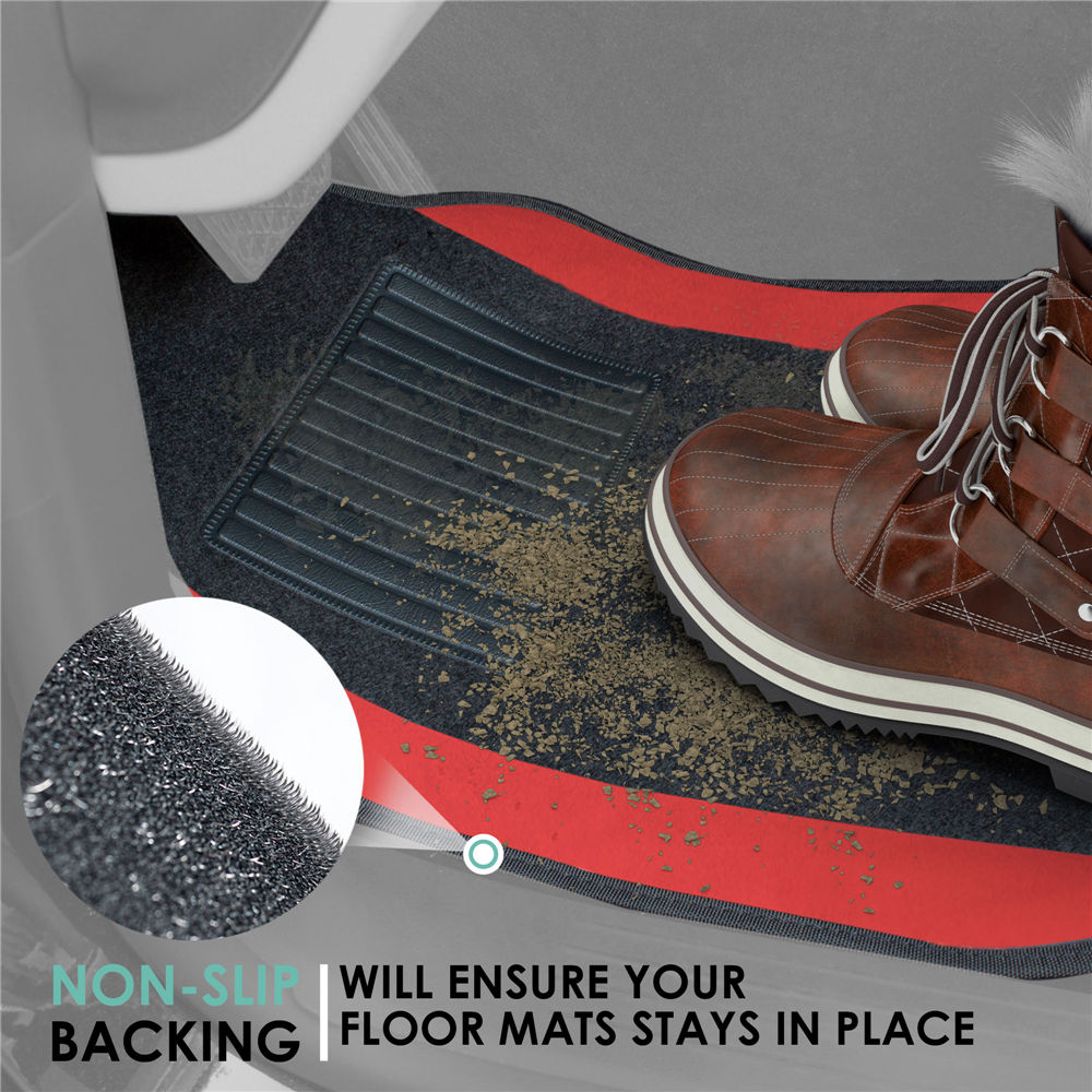 Non-Slip Carpet Floor Mats With Colored Trim - Full Set Red