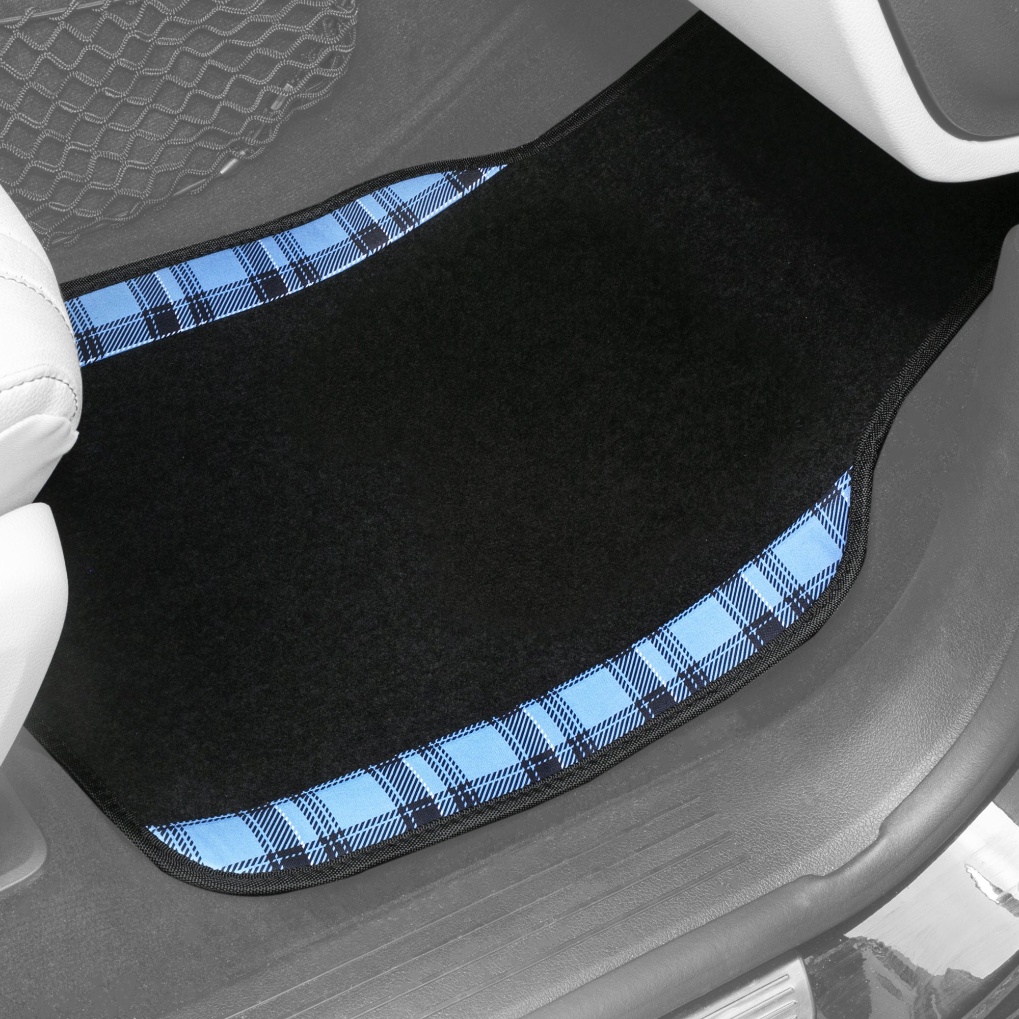 Tartan11 Plaid Trim Non-Slip Carpet Floor Mats - Full Set Blue