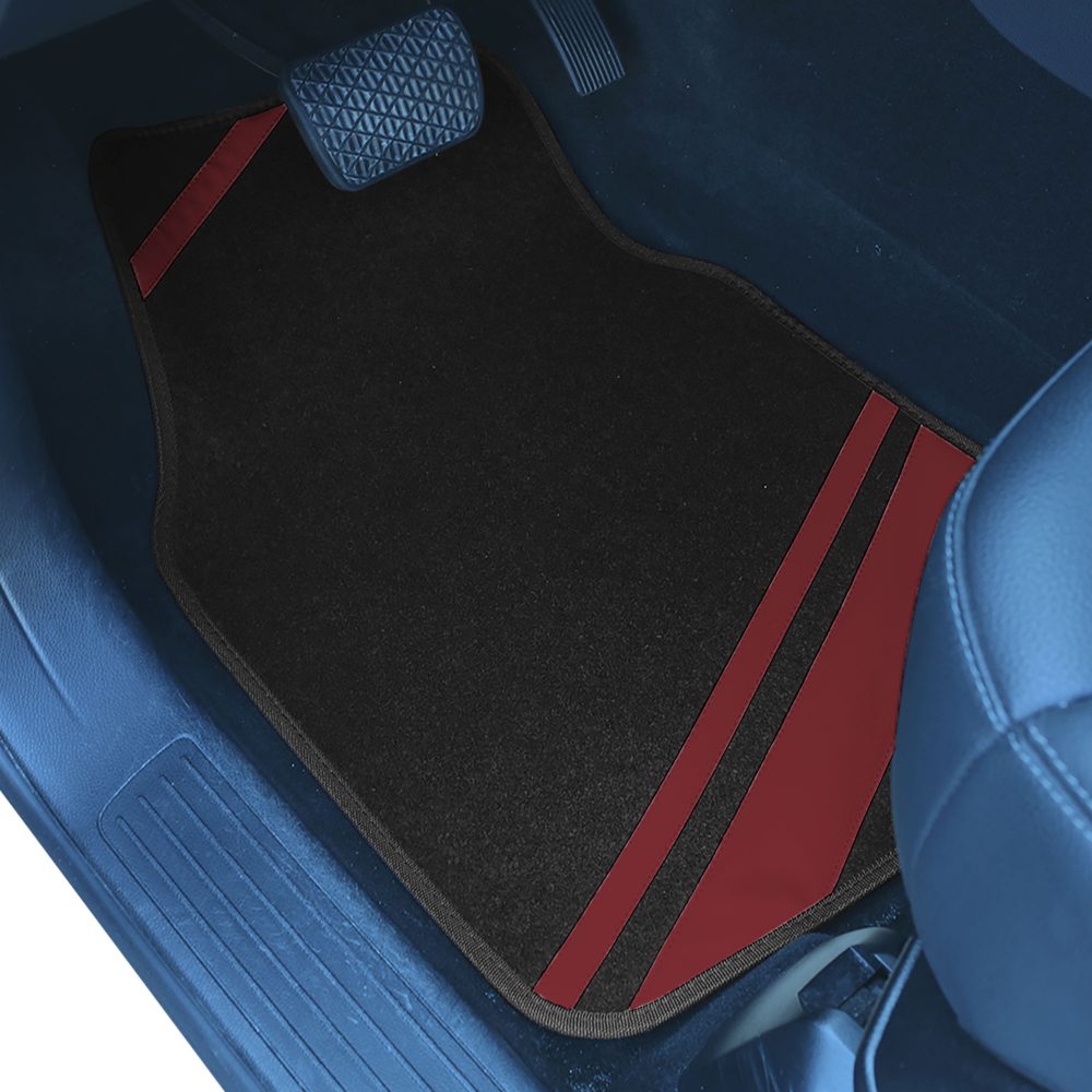 Non-Slip Carpet Floor Mats with Faux Leather Stripes - Full Set Burgundy