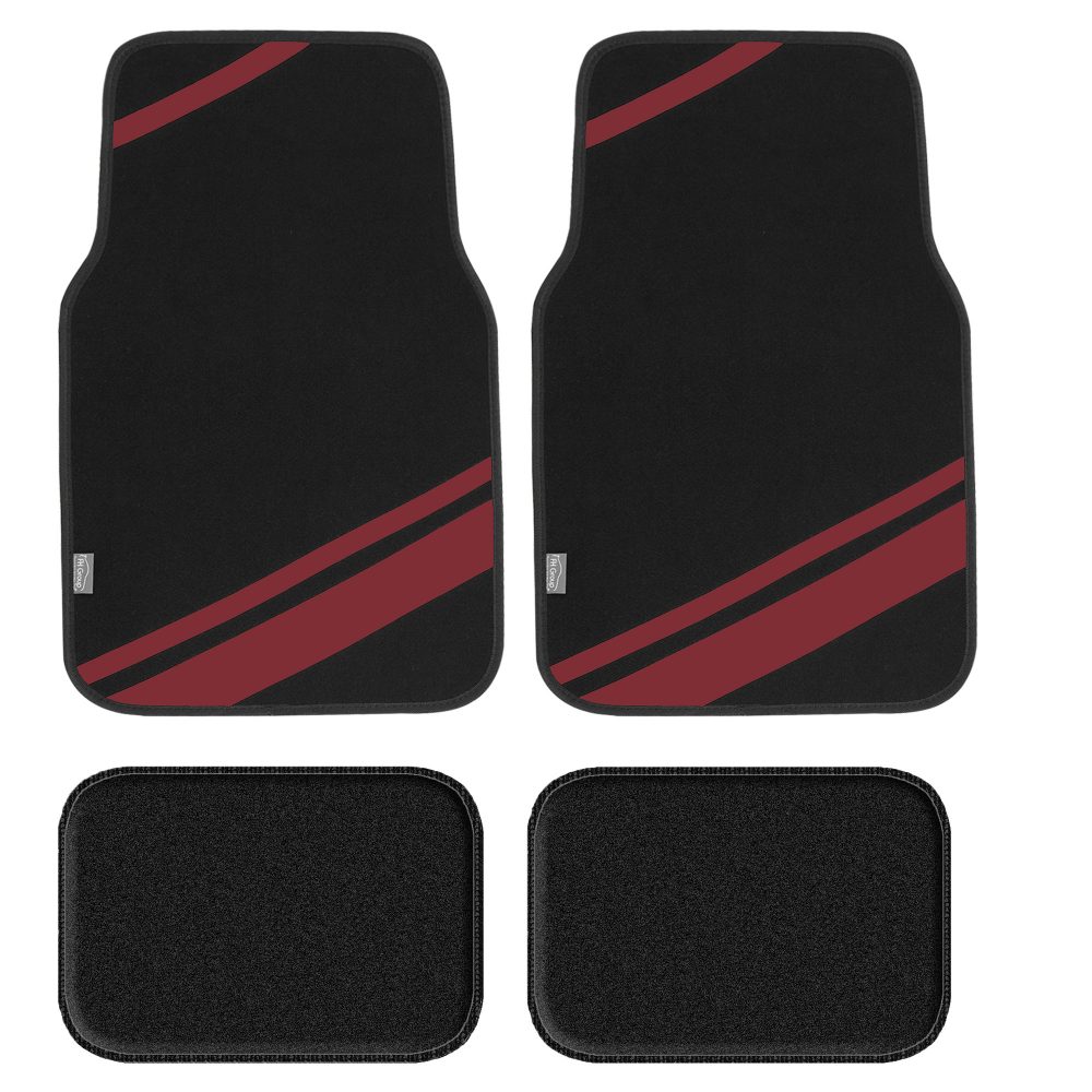 Non-Slip Carpet Floor Mats with Faux Leather Stripes - Full Set Burgundy
