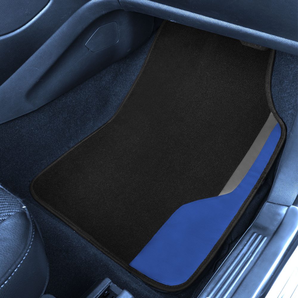 Color-Block Carpet Liners Non-Slip Car Floor Mats with Faux Leather Accents - Full Set Blue