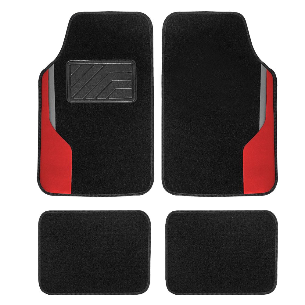 Color-Block Carpet Liners Non-Slip Car Floor Mats with Faux Leather Accents - Full Set Red