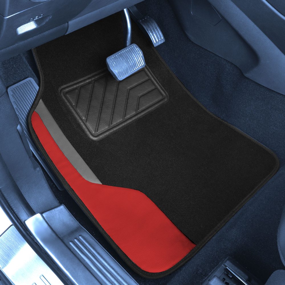 Color-Block Carpet Liners Non-Slip Car Floor Mats with Faux Leather Accents - Full Set Red