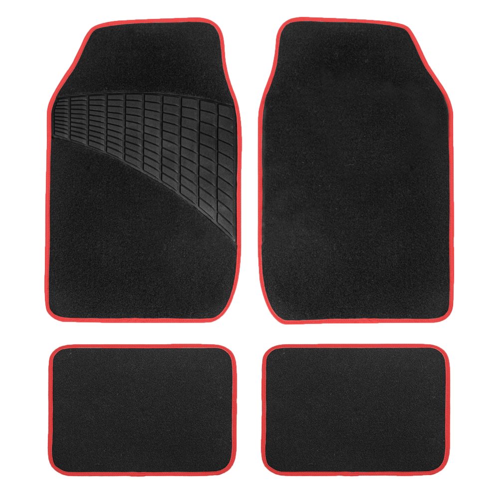 Color-Trimmed Non-Slip Carpet Floor Mats with Rubber Heel Pad - Full Set Red