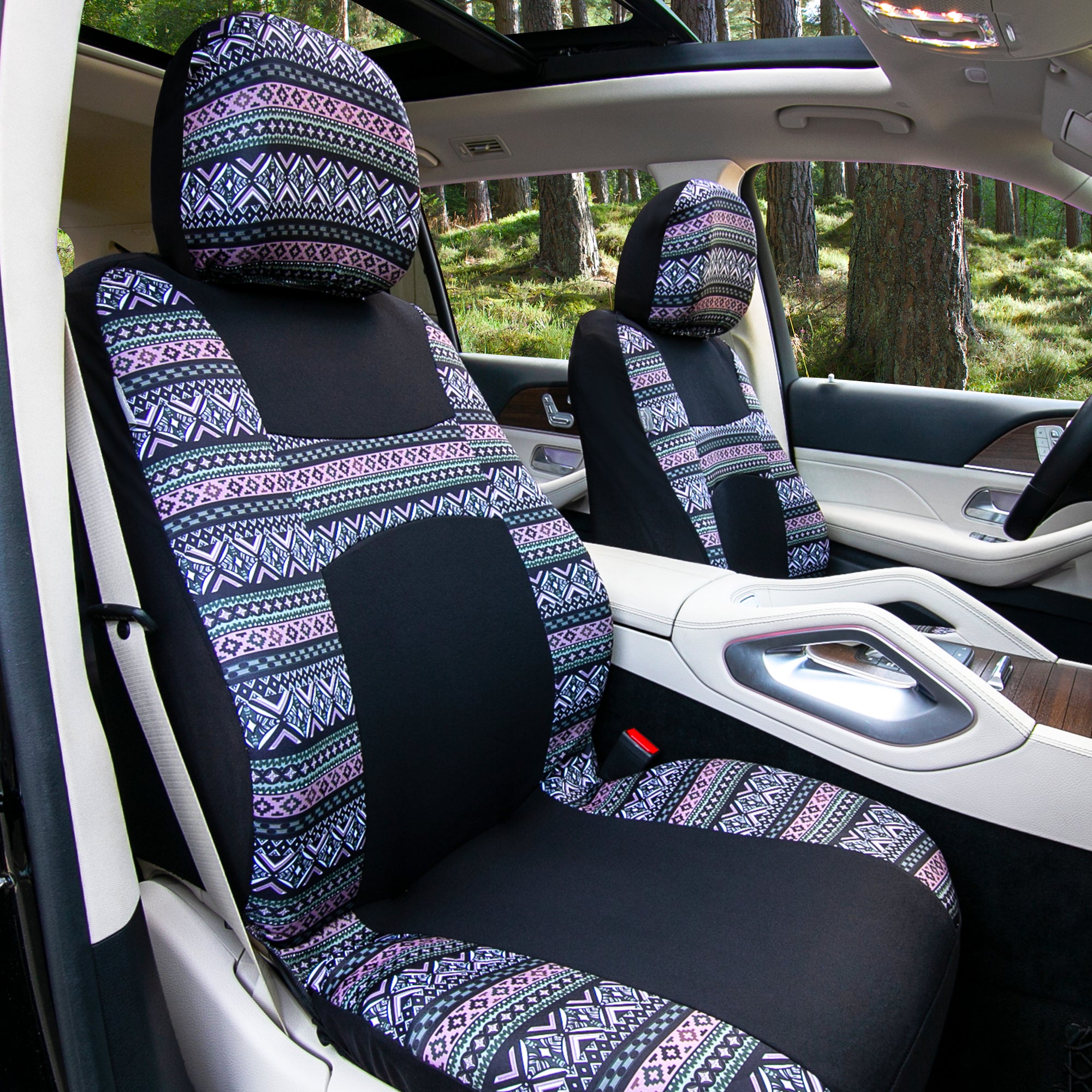Mesa57 Southwestern Print Seat Covers and Matching Floor Mats - Gray Combo Set