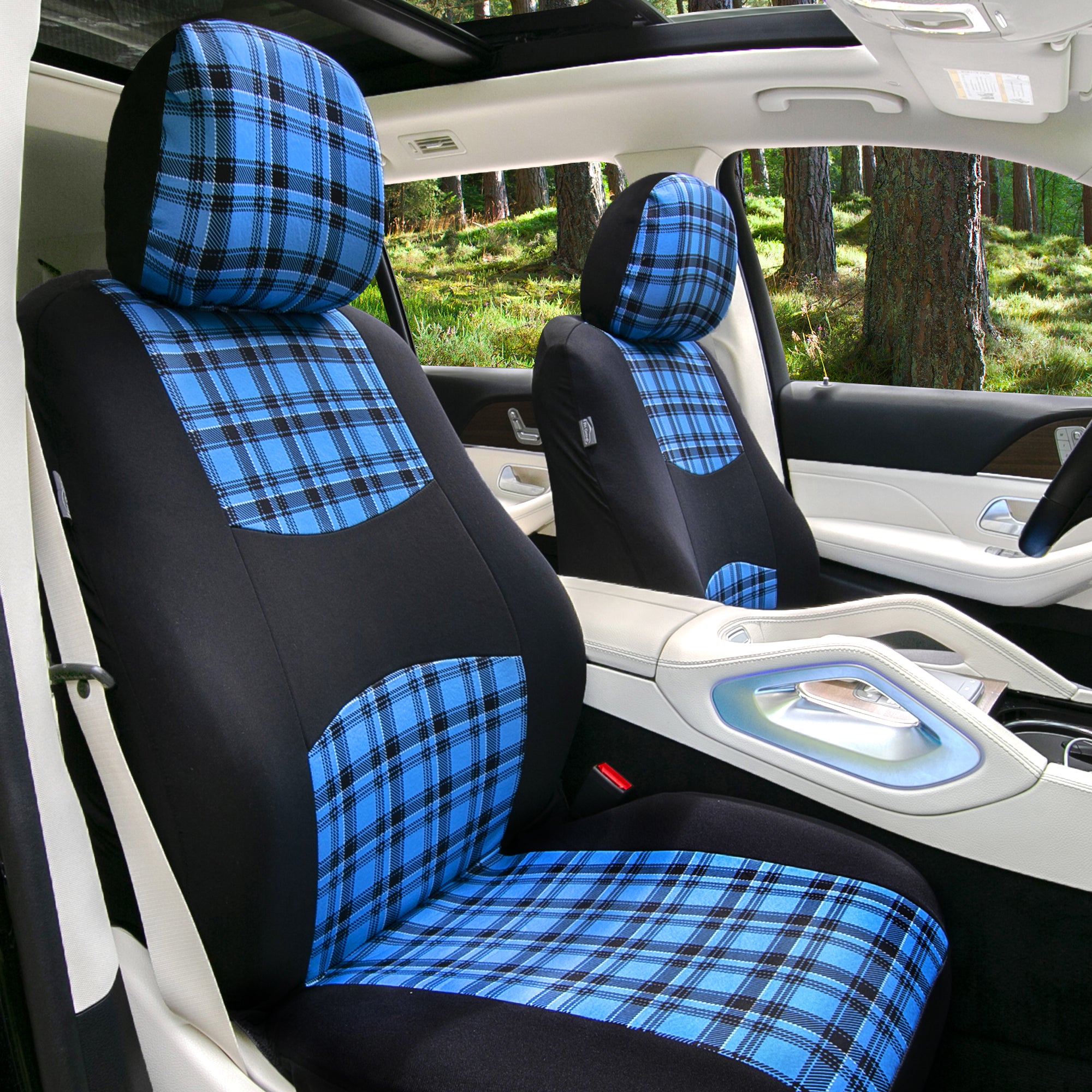 Tartan57 Plaid Print Seat Covers and Matching Floor Mats - Blue Combo Set