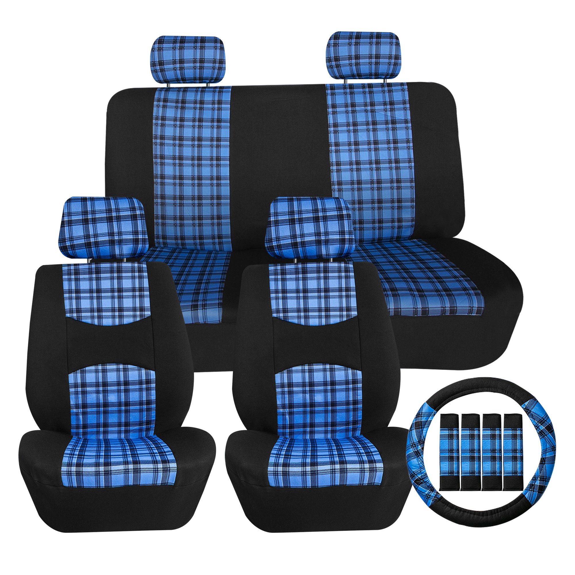 Tartan57 Plaid Print Seat Covers - Combo Full Set Blue