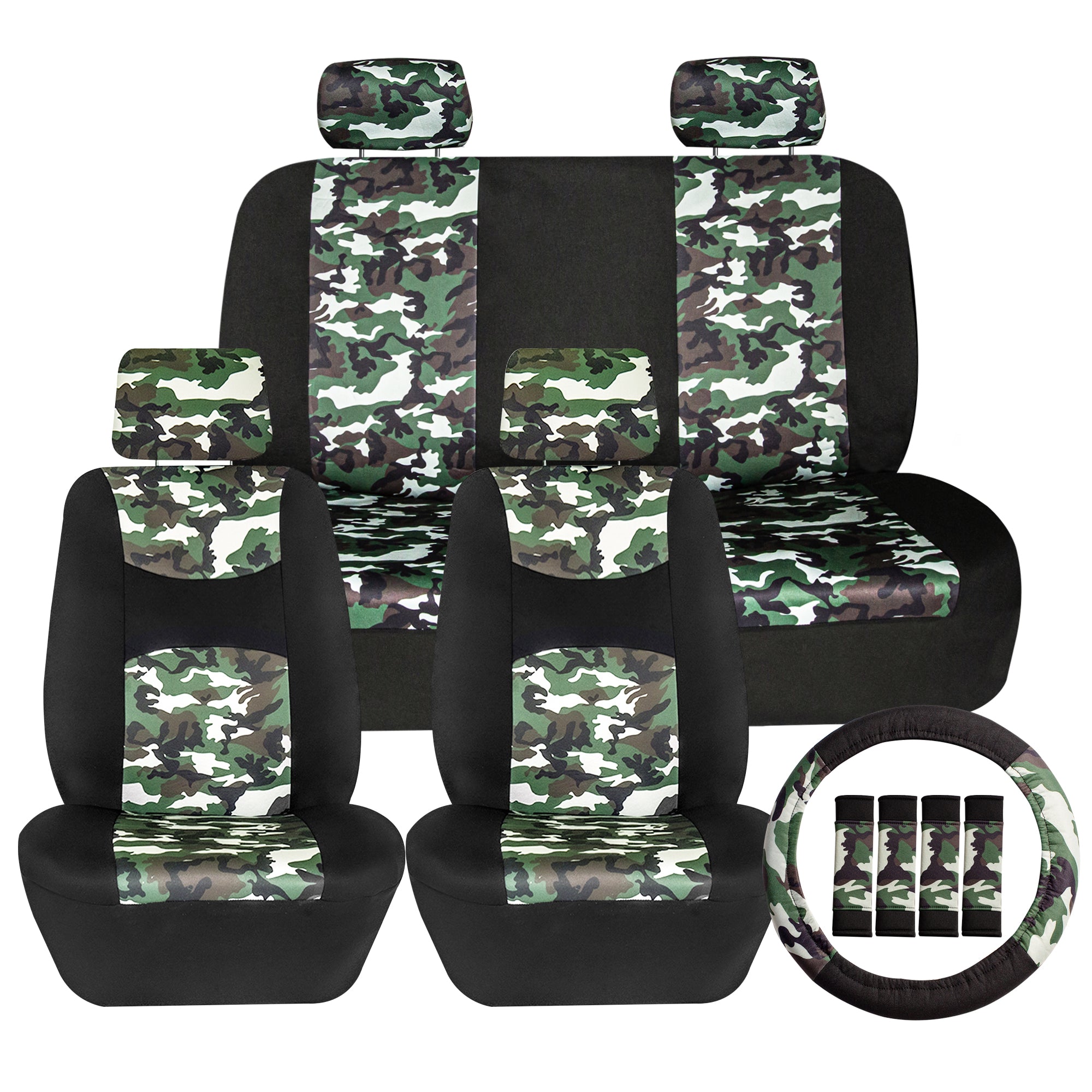 Buck59 Hunting Inspired Print Trim Seat Covers - Combo Full Set Light Camo