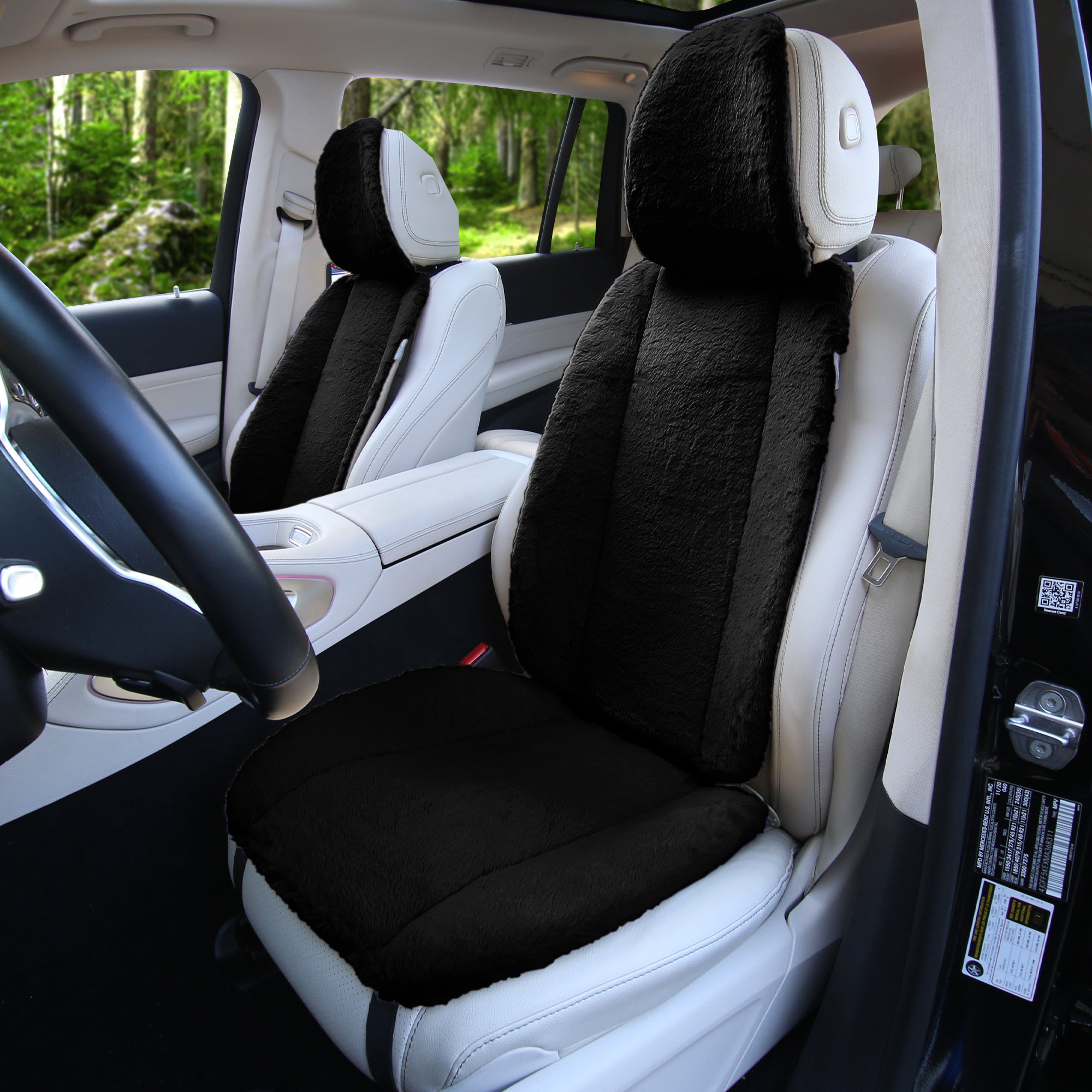 Doe16 Faux Rabbit Fur Car Seat Cushions - Front Set Black