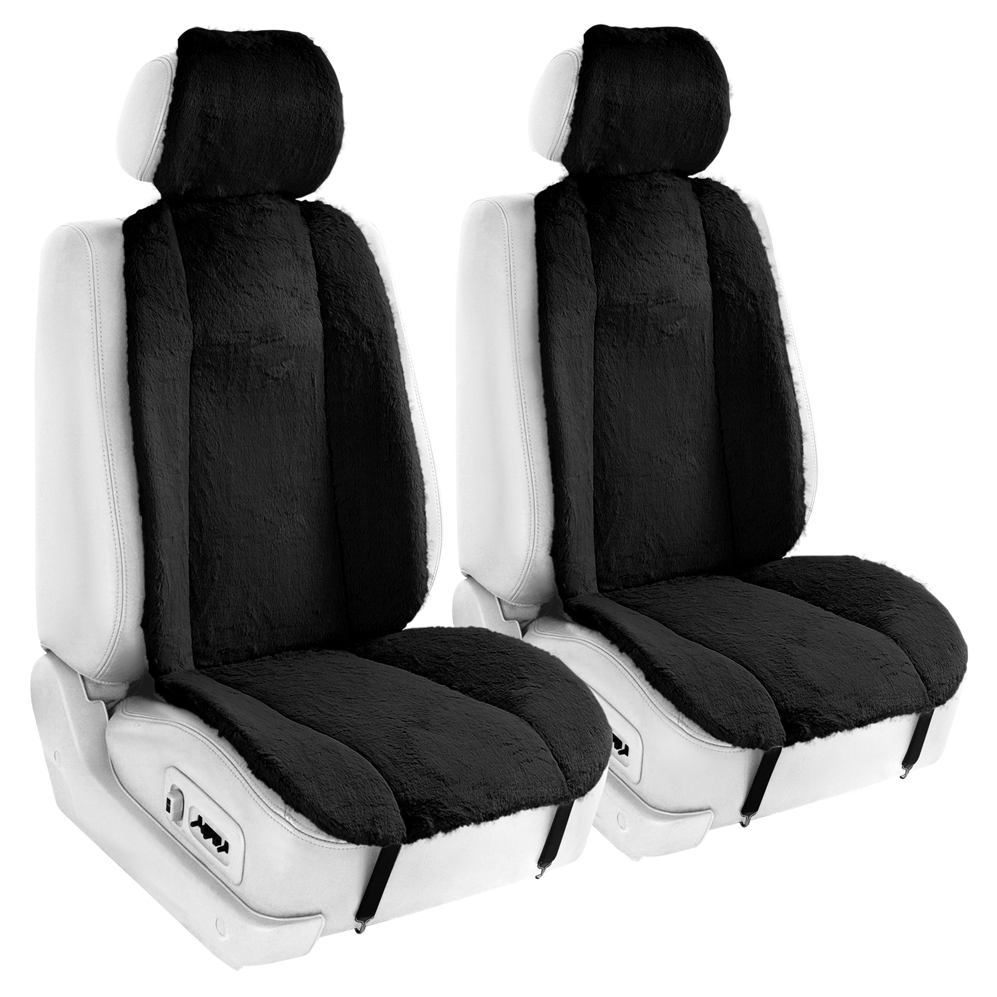 Doe16 Faux Rabbit Fur Car Seat Cushions - Front Set Black