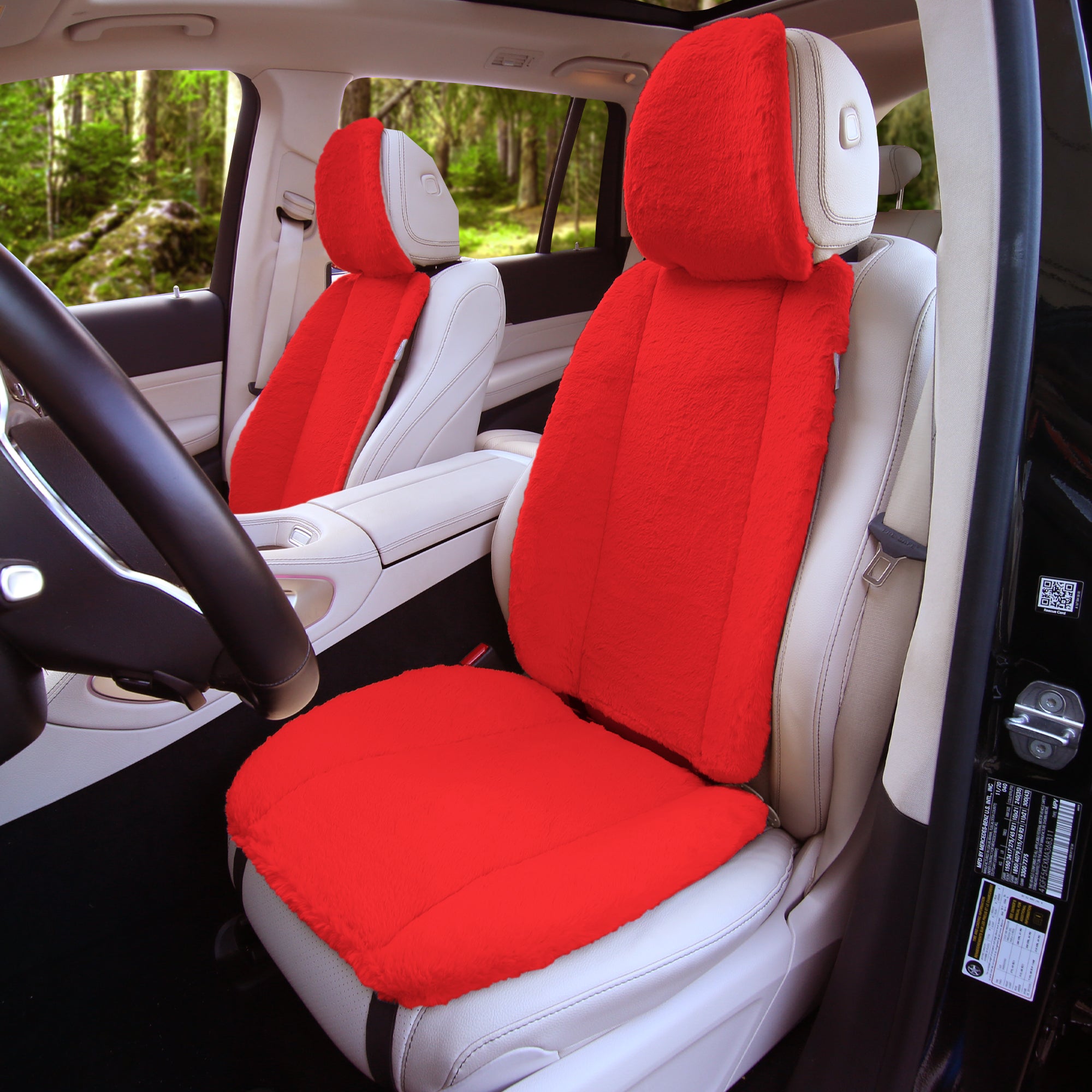 Doe16 Faux Rabbit Fur Car Seat Cushions - Front Set Red