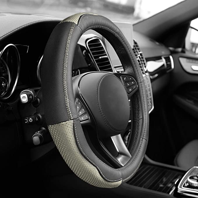 Sleek & Sporty Genuine Leather Steering Wheel Cover Beige