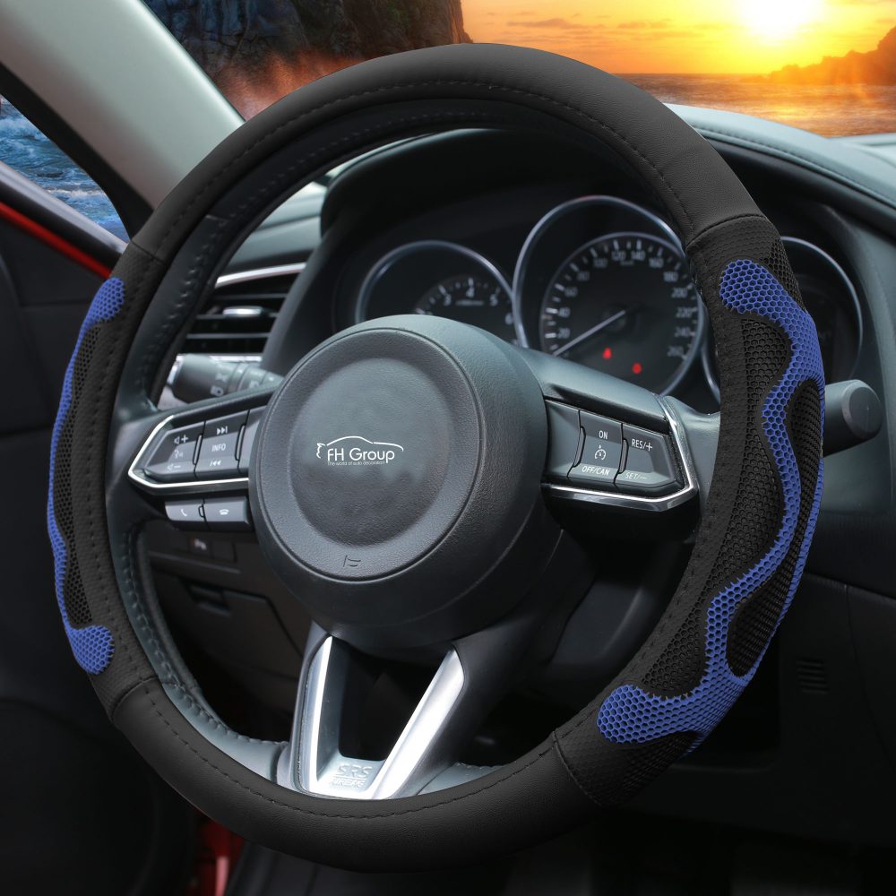 Universal Leather Car Steering Wheel Cover with Silicone Anti-Slip Grip Blue